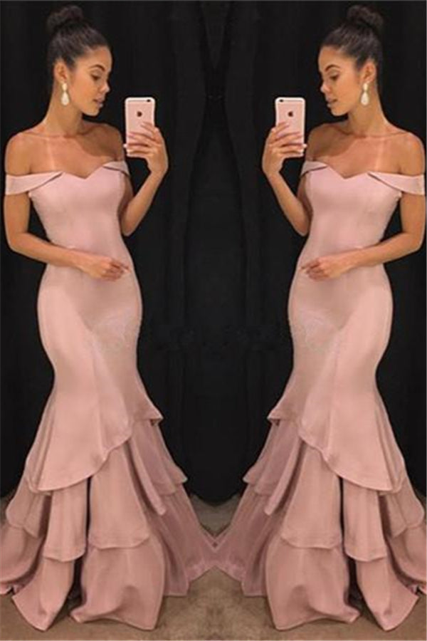Chic Off-the-Shoulder Mermaid Prom Dresses Tiered Pink Ruffles Evening Gowns On Sale