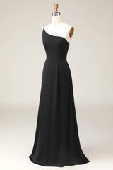 Chic One Shoulder Black Chiffon Long Bridesmaid Dress