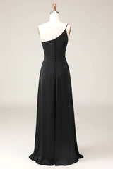 Chic One Shoulder Black Chiffon Long Bridesmaid Dress
