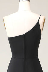Chic One Shoulder Black Chiffon Long Bridesmaid Dress