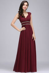 Chic Ruched Chiffon Aline Formal Dress Burgundy Bridesmaid Dress with Beadings