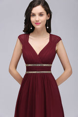 Chic Ruched Chiffon Aline Formal Dress Burgundy Bridesmaid Dress with Beadings