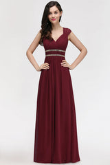 Chic Ruched Chiffon Aline Formal Dress Burgundy Bridesmaid Dress with Beadings
