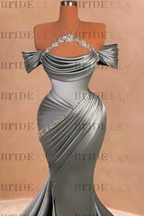 Chic Ruffle Satin Prom Dress Mermaid Off-the-Shoulder Beadings Long Party Gown