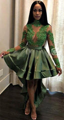 Chic See Through Lace Long Sleeves Prom Party Gowns| Hi-lo Dark Green Evening Dress