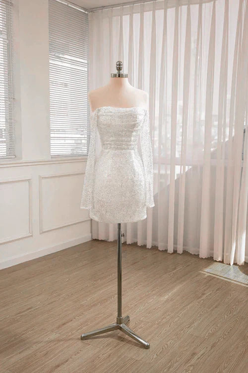 Aimishang Elegant Short Sequined Backless Wedding Dress With Long Detachable Sleeves