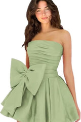 Chic Sleeveless Ruched Short Homecoming Dresses Lace Up Mini Party Wear Dress with Bow