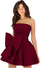 Chic Sleeveless Ruched Short Homecoming Dresses Lace Up Mini Party Wear Dress with Bow
