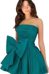 Chic Sleeveless Ruched Short Homecoming Dresses Lace Up Mini Party Wear Dress with Bow