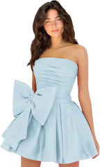 Chic Sleeveless Ruched Short Homecoming Dresses Lace Up Mini Party Wear Dress with Bow