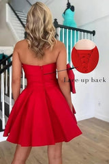 Chic Sleeveless Ruched Short Homecoming Dresses Lace Up Mini Party Wear Dress with Bow