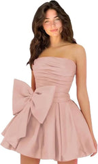 Chic Sleeveless Ruched Short Homecoming Dresses Lace Up Mini Party Wear Dress with Bow