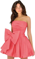 Chic Sleeveless Ruched Short Homecoming Dresses Lace Up Mini Party Wear Dress with Bow
