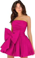 Chic Sleeveless Ruched Short Homecoming Dresses Lace Up Mini Party Wear Dress with Bow