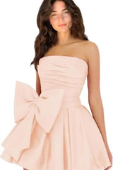 Chic Sleeveless Ruched Short Homecoming Dresses Lace Up Mini Party Wear Dress with Bow