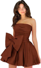 Chic Sleeveless Ruched Short Homecoming Dresses Lace Up Mini Party Wear Dress with Bow