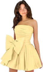 Chic Sleeveless Ruched Short Homecoming Dresses Lace Up Mini Party Wear Dress with Bow