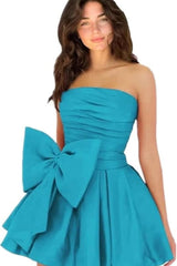 Chic Sleeveless Ruched Short Homecoming Dresses Lace Up Mini Party Wear Dress with Bow