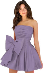 Chic Sleeveless Ruched Short Homecoming Dresses Lace Up Mini Party Wear Dress with Bow