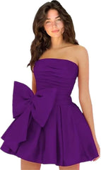 Chic Sleeveless Ruched Short Homecoming Dresses Lace Up Mini Party Wear Dress with Bow