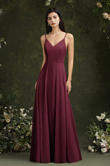 Chic Spaghetti Straps Chiffon Formal Dress Sleeveless V-Neck Aline Long Evening Dress
