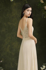 Chic Spaghetti Straps Chiffon Formal Dress Sleeveless V-Neck Aline Long Evening Dress