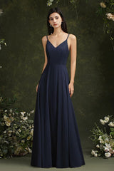 Chic Spaghetti Straps Chiffon Formal Dress Sleeveless V-Neck Aline Long Evening Dress
