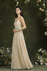 Chic Spaghetti Straps Chiffon Formal Dress Sleeveless V-Neck Aline Long Evening Dress