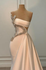 Chic Strapless Hollow Beaded Empire Satin Prom Dress Mermaid Sleeveless Evening Gown
