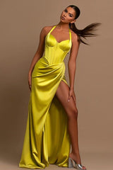Chic Yellow Green Halter Prom Dress Mermaid Sleeveless Split Long