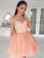 Chiffon Bateau Long A-line Sleeves Short/Mini With Applique Dresses
