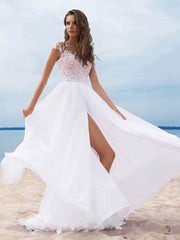 Chiffon Boho Wedding Dresses Short Sleeves V Neck A Line Split Front Bridal Dresses