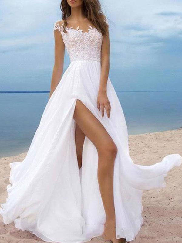 Chiffon Boho Wedding Dresses Short Sleeves V Neck A Line Split Front Bridal Dresses