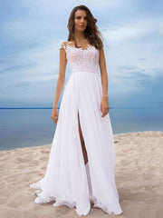 Chiffon Boho Wedding Dresses Short Sleeves V Neck A Line Split Front Bridal Dresses