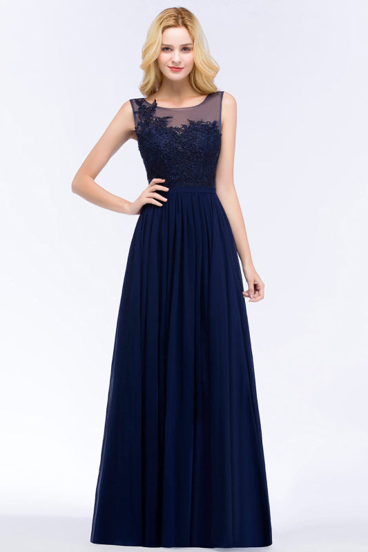 Chiffon Lace Appliques Navy Bridesmaid Dress