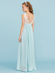 Chiffon Lace Junior Flower Girl Dress - Sheath Column V Neck Floor Length with Sash Ribbon Open Back for Wedding Party