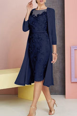 Chiffon Lace Two Piece Sheath Mother of the Bride Dress Knee Length Wedding Guest Dress