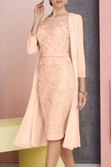 Chiffon Lace Two Piece Sheath Mother of the Bride Dress Knee Length Wedding Guest Dress
