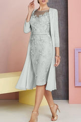Chiffon Lace Two Piece Sheath Mother of the Bride Dress Knee Length Wedding Guest Dress