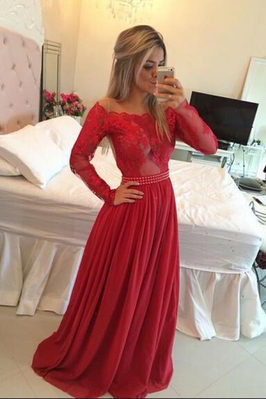 Chiffon Pearls Beaded Red Fuchsia Sheer A-line Evening Gowns
