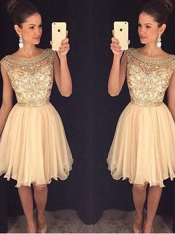Chiffon Scoop Sleeveless A-line Short/Mini With Beading Dresses