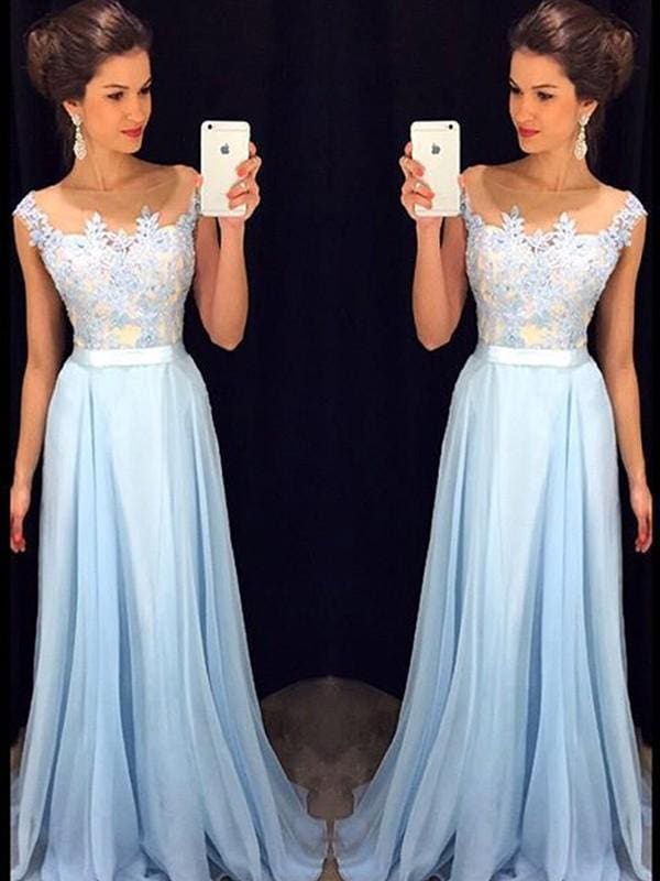 Chiffon Sheer Neck Sleeveless Sweep/Brush Train With Applique Dresses
