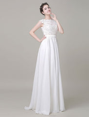 Chiffon Wedding Dress Bateau Lace Satin Sash Floor Length A Line Summer Bridal Dress
