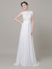 Chiffon Wedding Dress Bateau Lace Satin Sash Floor Length A Line Summer Bridal Dress