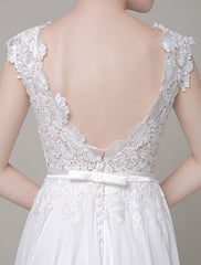 Chiffon Wedding Dress Bateau Lace Satin Sash Floor Length A Line Summer Bridal Dress