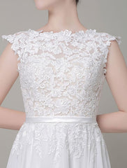 Chiffon Wedding Dress Bateau Lace Satin Sash Floor Length A Line Summer Bridal Dress