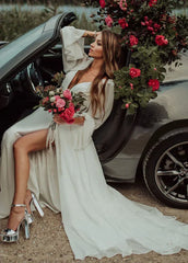 Chiffon A-Line High Slit Beach Long-Sleeve V-Neck Romantic Wedding Dresses