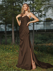 Sheath/Column Silk like Satin Ruched Sweetheart Sleeveless Sweep/Brush Train Bridesmaid Dresses