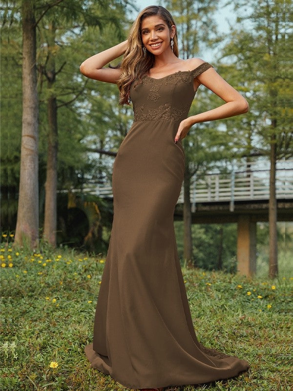 Sheath/Column Jersey Applique Off-the-Shoulder Sleeveless Sweep/Brush Train Bridesmaid Dresses