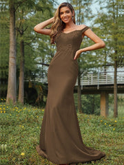 Sheath/Column Jersey Applique Off-the-Shoulder Sleeveless Sweep/Brush Train Bridesmaid Dresses